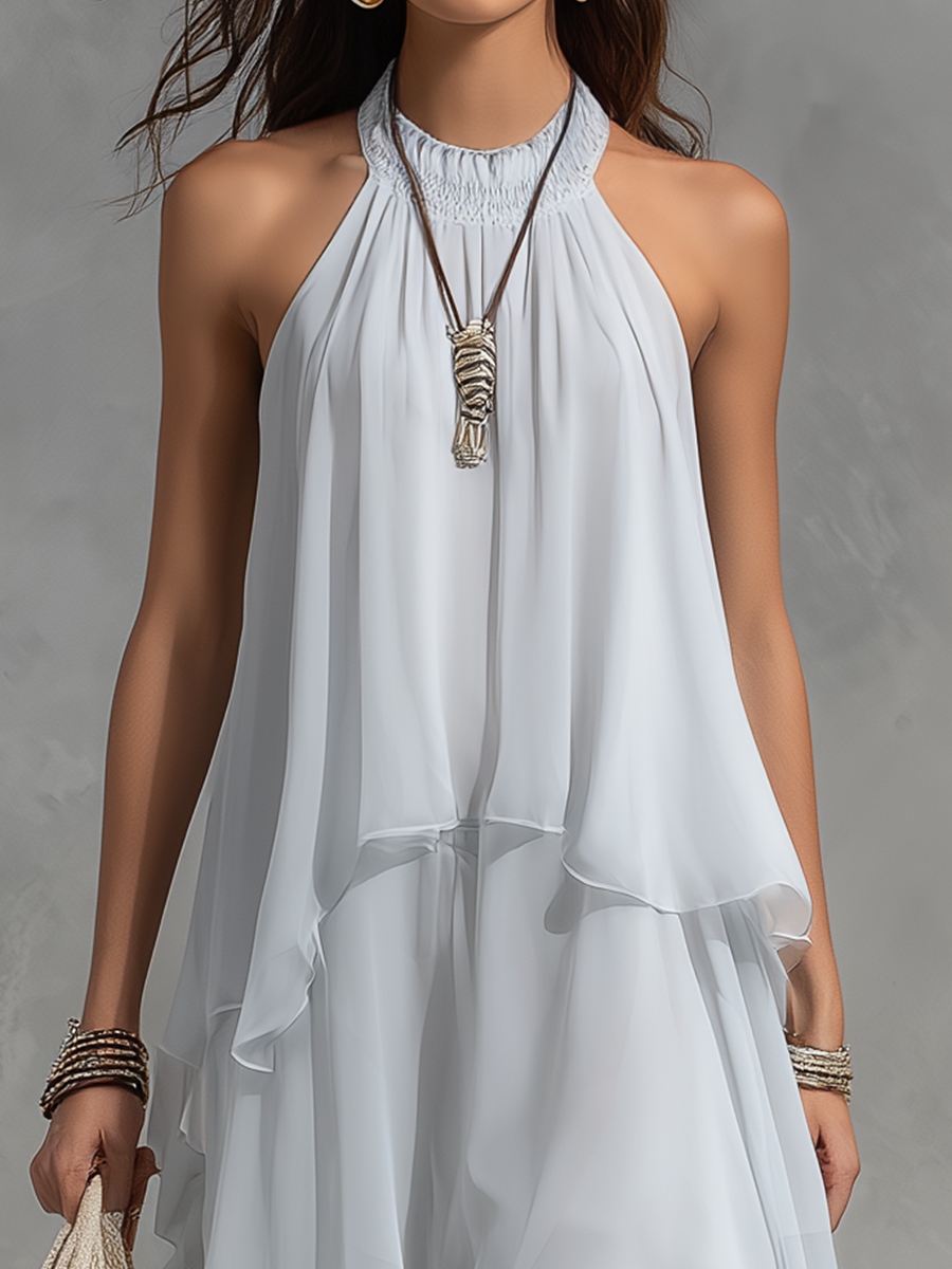 Refined White Tiered Halter Maxi Dress