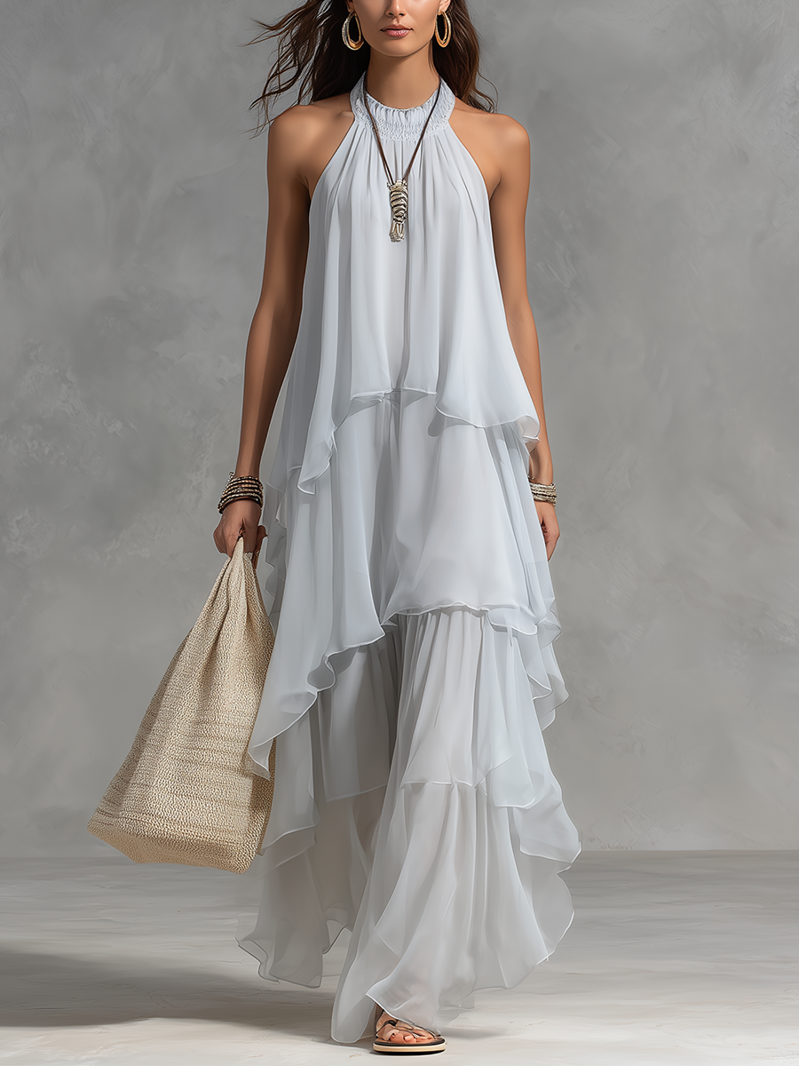 Refined White Tiered Halter Maxi Dress