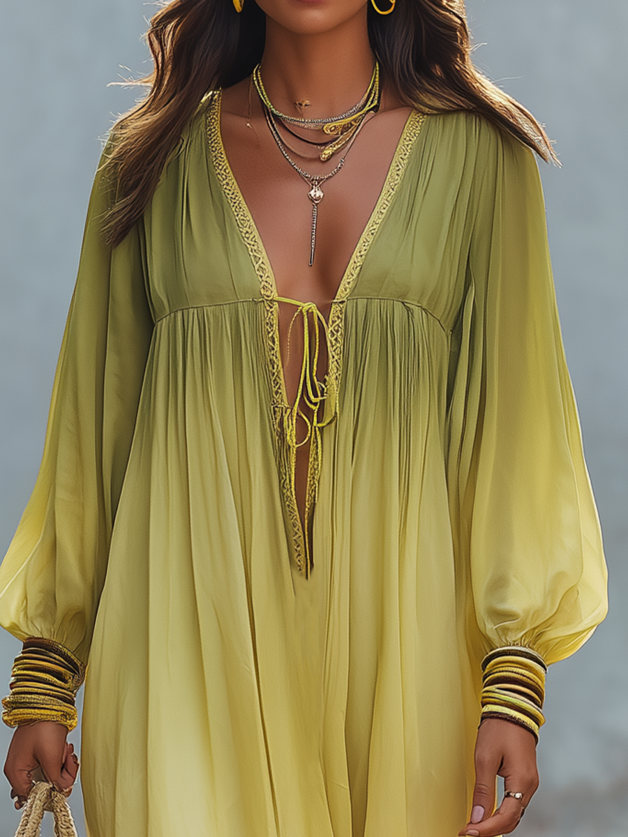 Effortless Olive Ombre Lace-Trim Maxi Dress