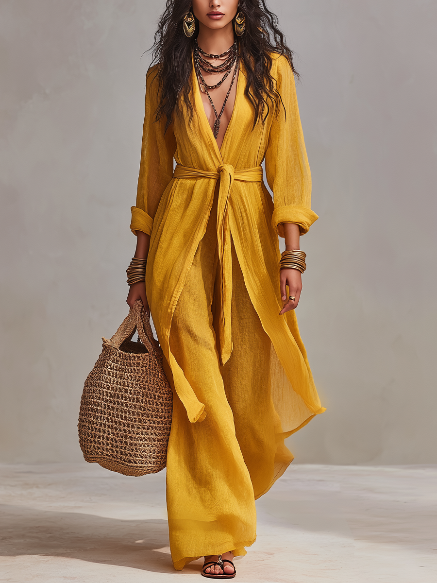 Elegant Mustard Tie-Front Pant Set