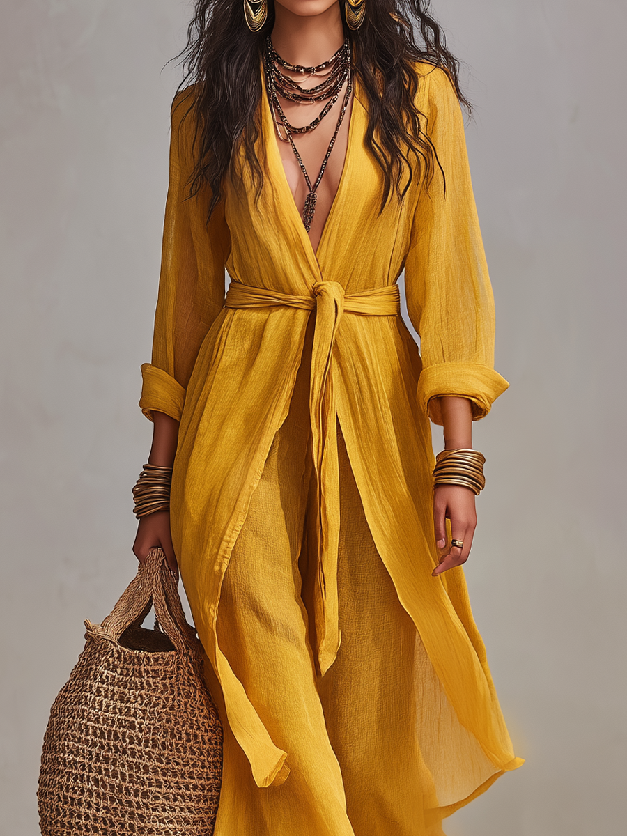 Elegant Mustard Tie-Front Pant Set
