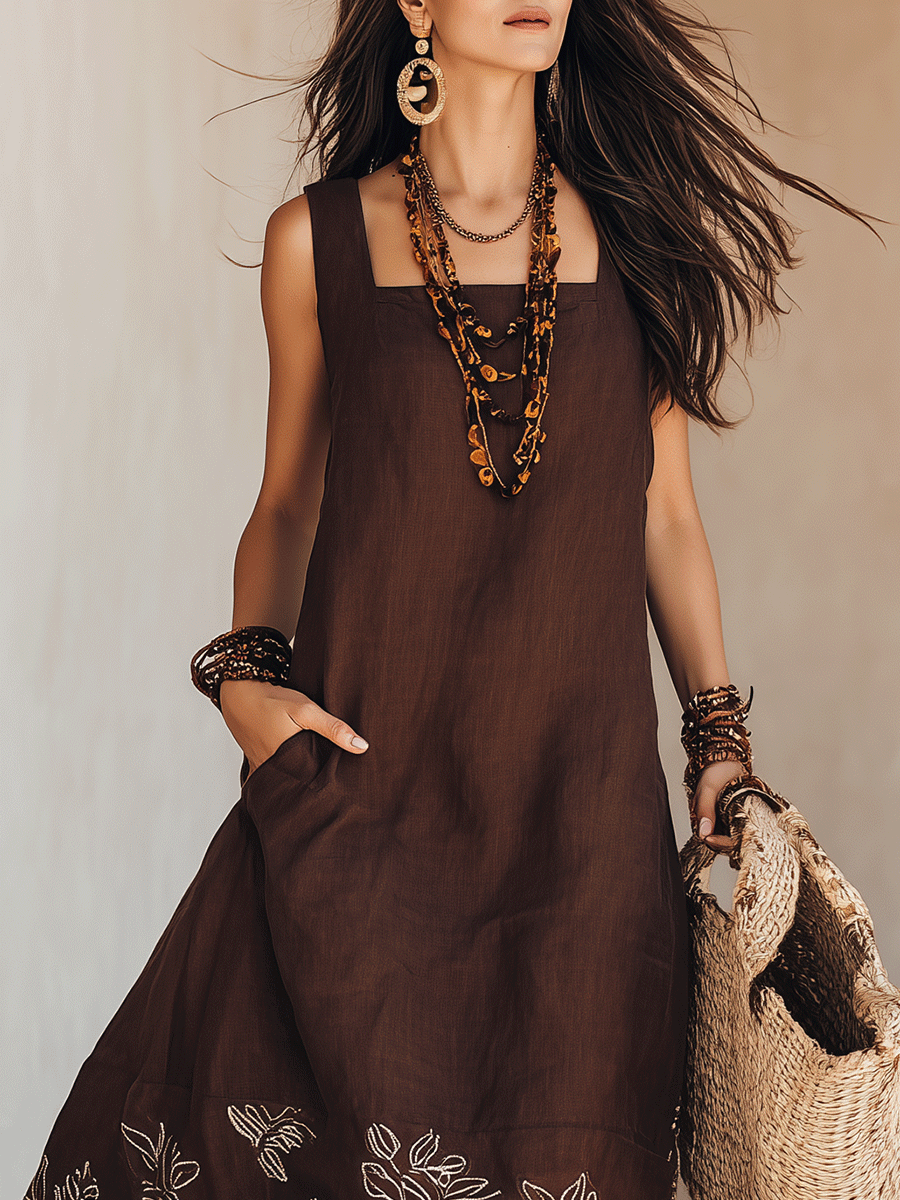 Effortless Boho Embroidered Square-Neck Linen Sleeveless Flowy Midi Dress