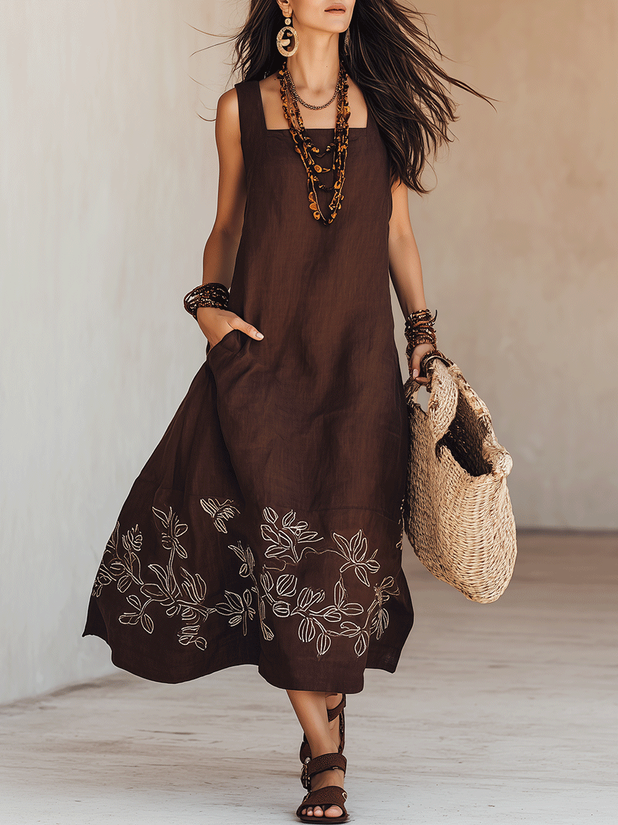 Effortless Boho Embroidered Square-Neck Linen Sleeveless Flowy Midi Dress