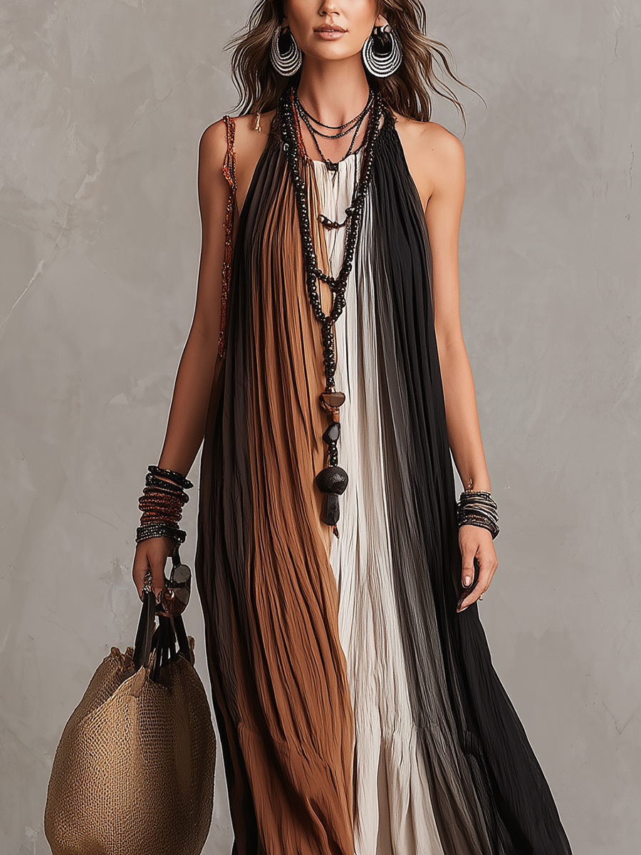 Bohemian Lightweight Color Blocked Chiffon Maxi Dress
