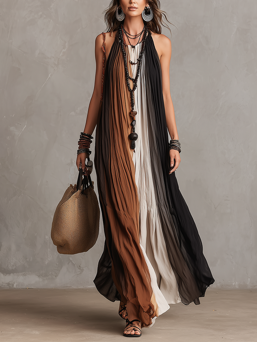 Bohemian Lightweight Color Blocked Chiffon Maxi Dress