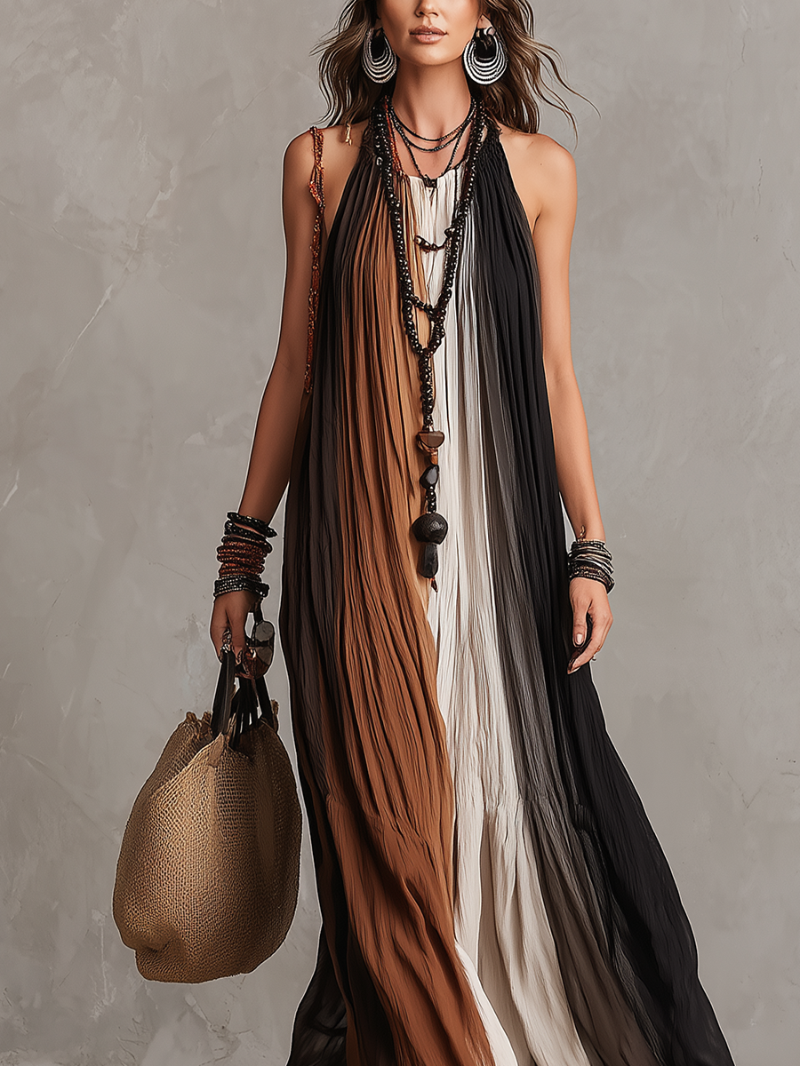 Bohemian Lightweight Color Blocked Chiffon Maxi Dress