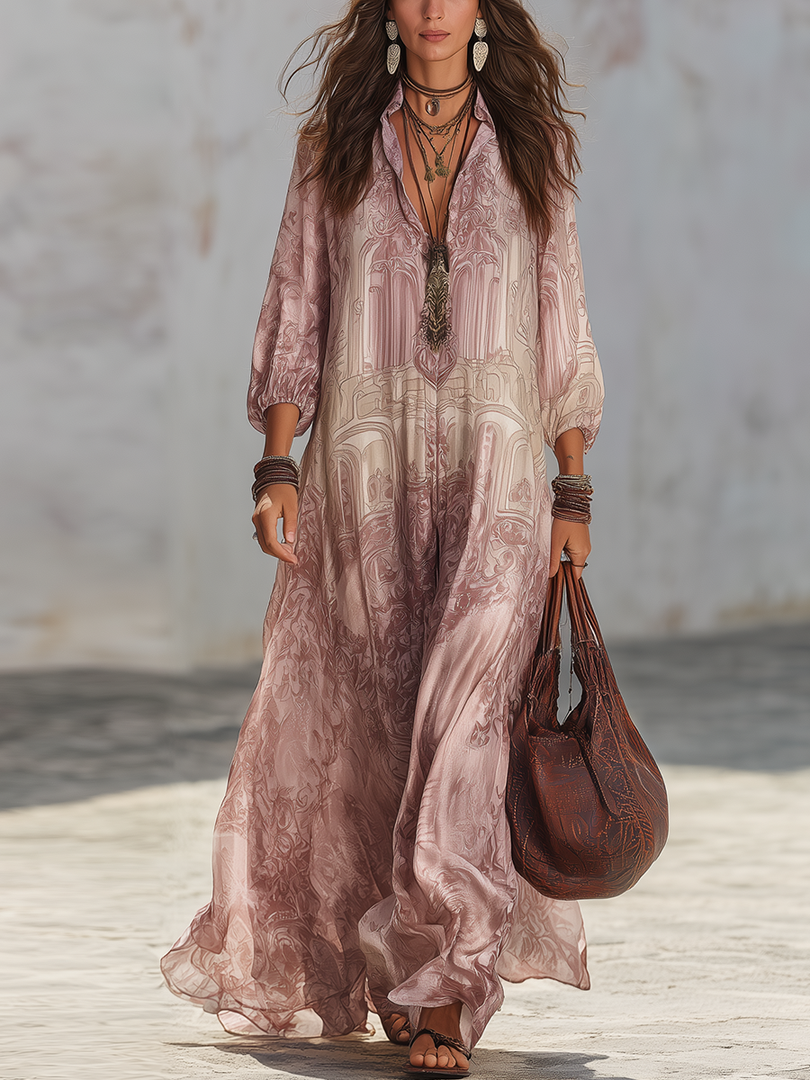 Soft Pink Baroque Print Lightweight Maxi Dress