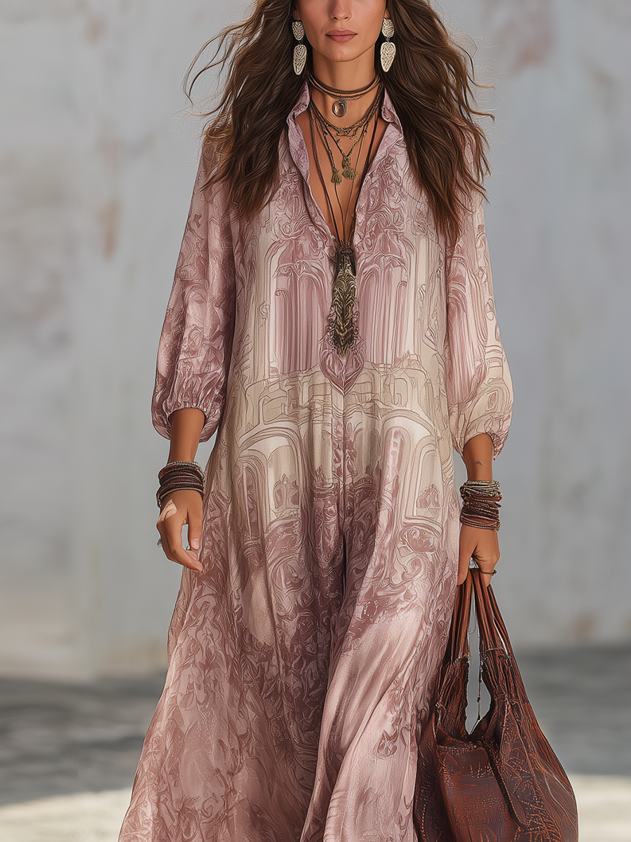 Soft Pink Baroque Print Lightweight Maxi Dress