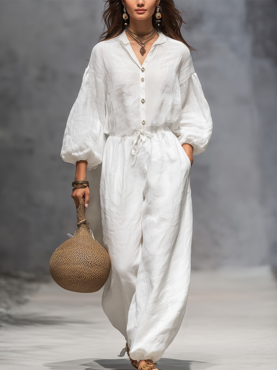 Casual White Cotton And Linen Lantern Sleeve Jumpsuit