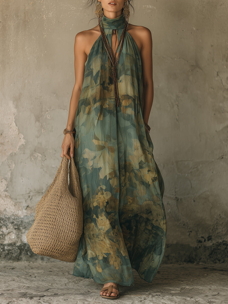 Boho Retro Floral Print Keyhole Neck Chiffon Maxi Dress