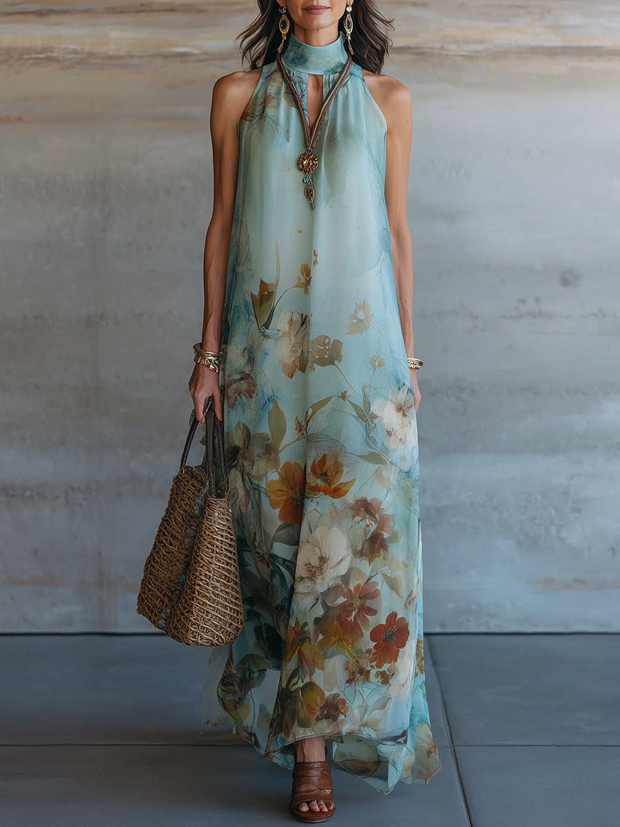 Boho Vacation-Style Floral Print Keyhole-Neck Chiffon Maxi Dress