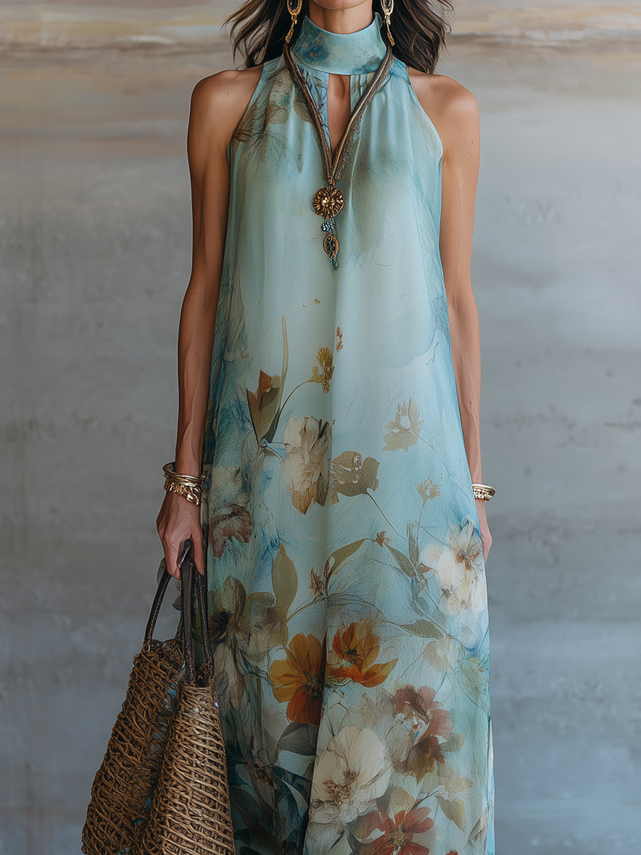 Boho Vacation-Style Floral Print Keyhole-Neck Chiffon Maxi Dress