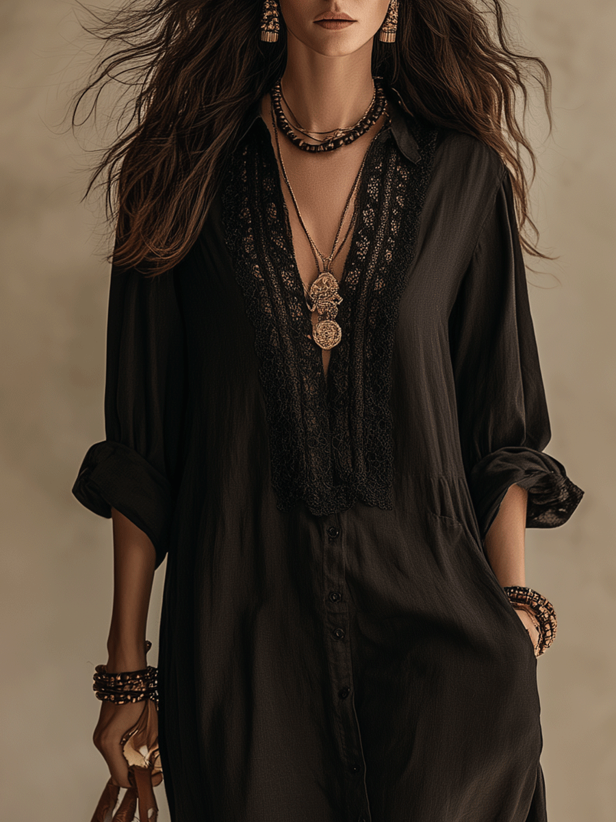 Boho Lace Insert Button-Front Flowy Relaxed Fit Maxi Dress