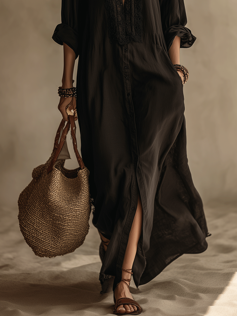 Boho Lace Insert Button-Front Flowy Relaxed Fit Maxi Dress