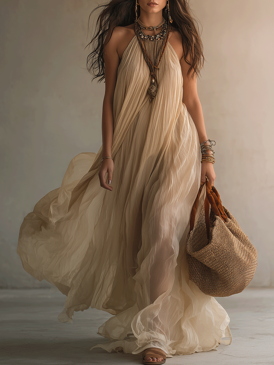Effortless Boho Pleated Halter Neck Flowy Statement Maxi Dress