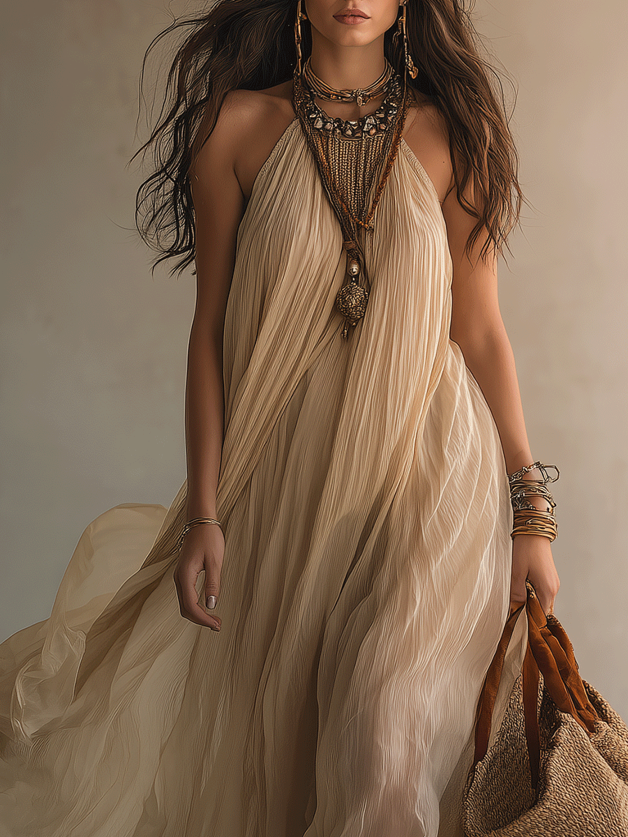 Effortless Boho Pleated Halter Neck Flowy Statement Maxi Dress