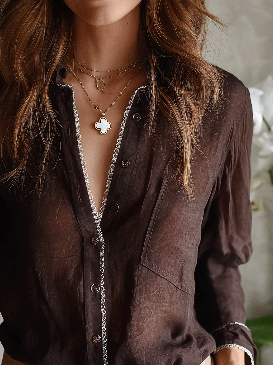 Effortless Boho Lace Trim Sheer Button Front Relaxed Fit Blouse