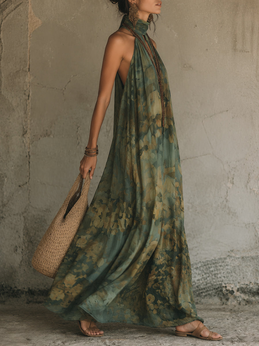 Boho Retro Floral Print Keyhole Neck Chiffon Maxi Dress