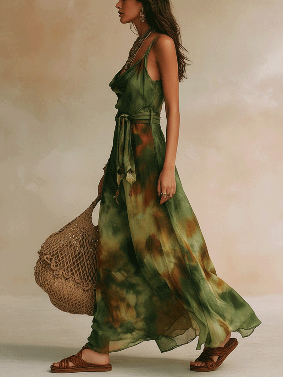 Chic Green Abstract Lightweight Silk-Like Feminine Silhouette Maxi Dress