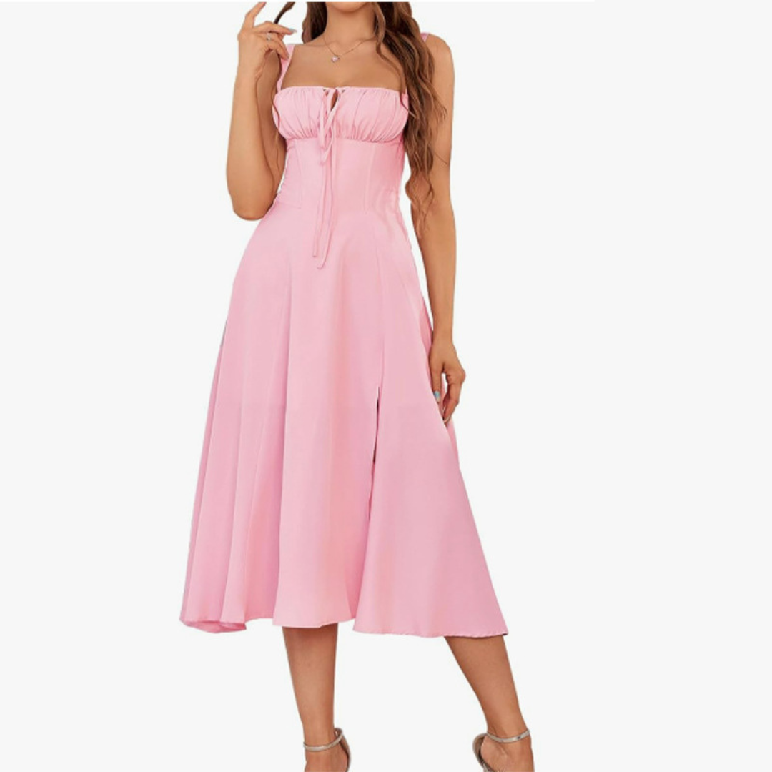 Ariellou | Lace-Up Square Neck Midi Dress