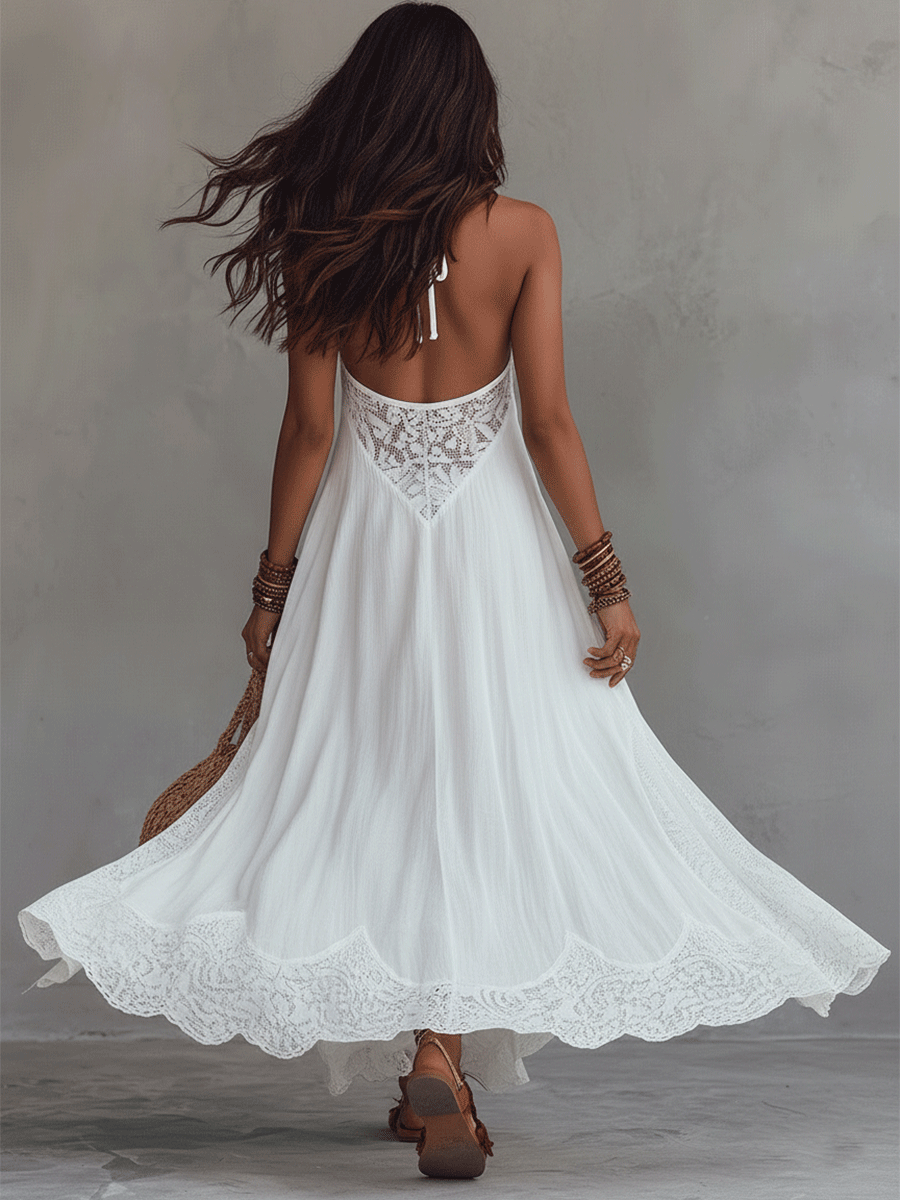 Effortless Boho Lace Halter Neck Flowy Lightweight Maxi Dress