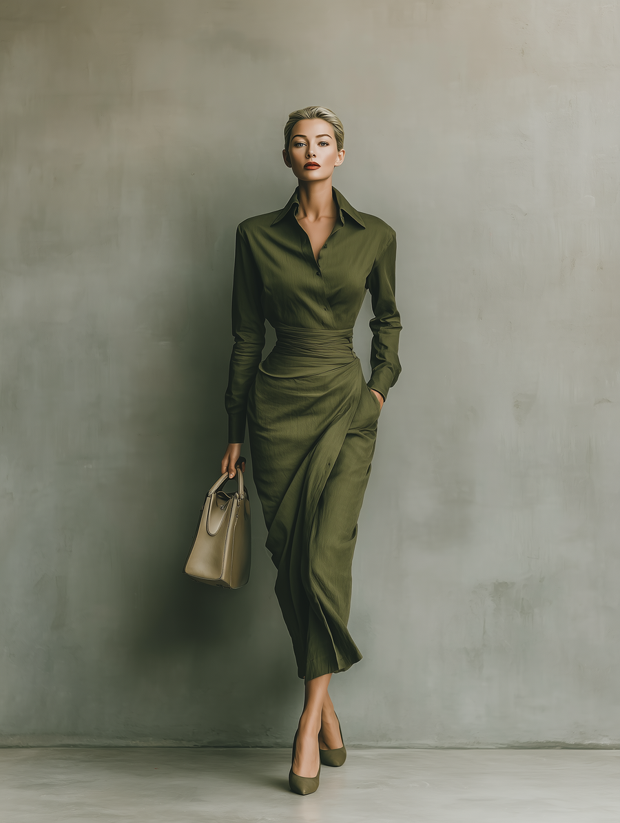 Women's Army Green Cotton Blended Maxi Dress MDA2281I8T