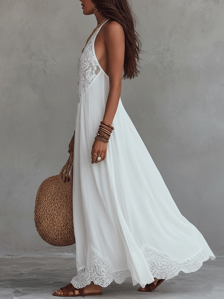 Effortless Boho Lace Halter Neck Flowy Lightweight Maxi Dress