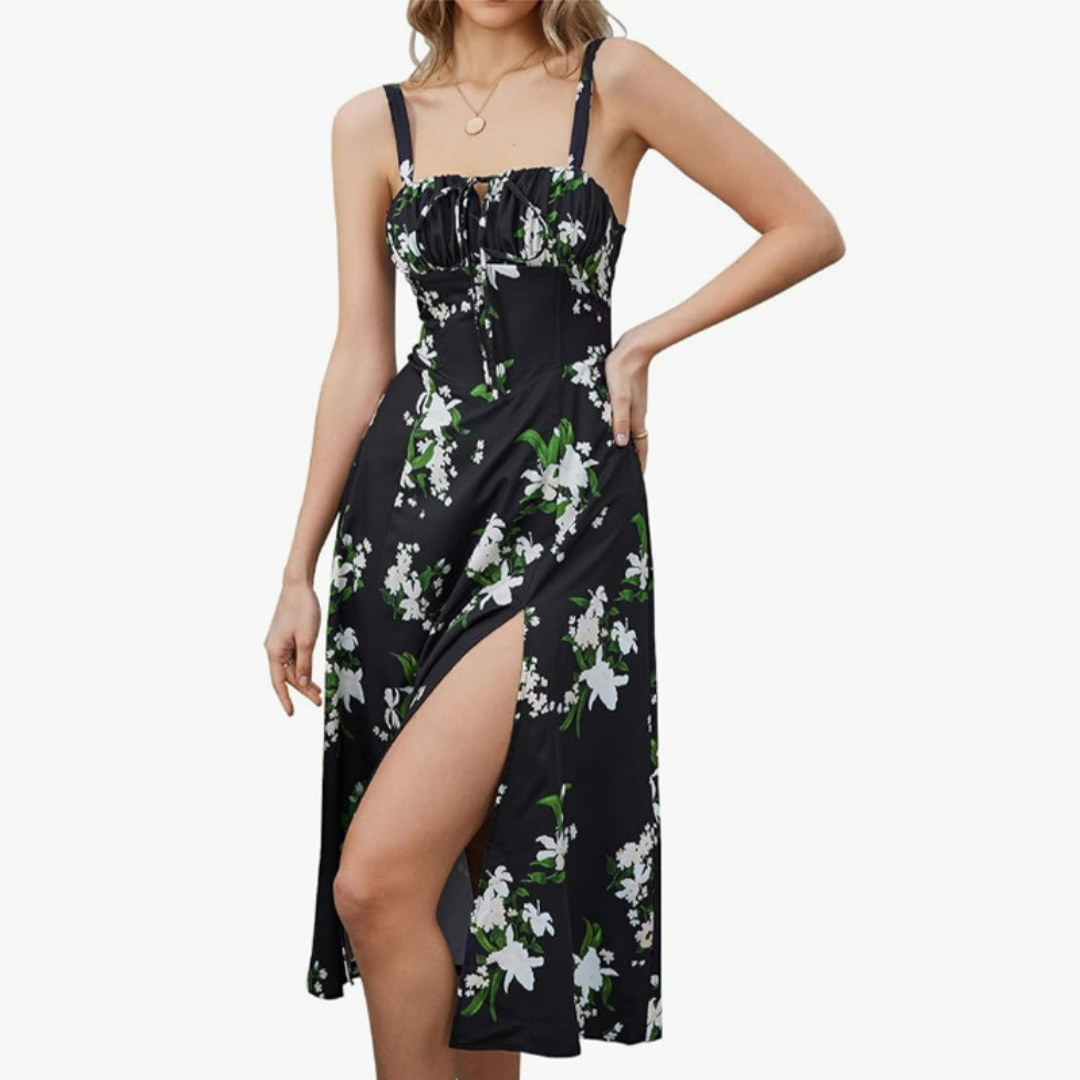 Ariellou | Lace-Up Square Neck Midi Dress