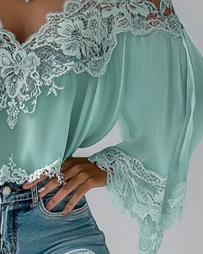 Blouse V-Neck Patchwork Loose Long Sleeve