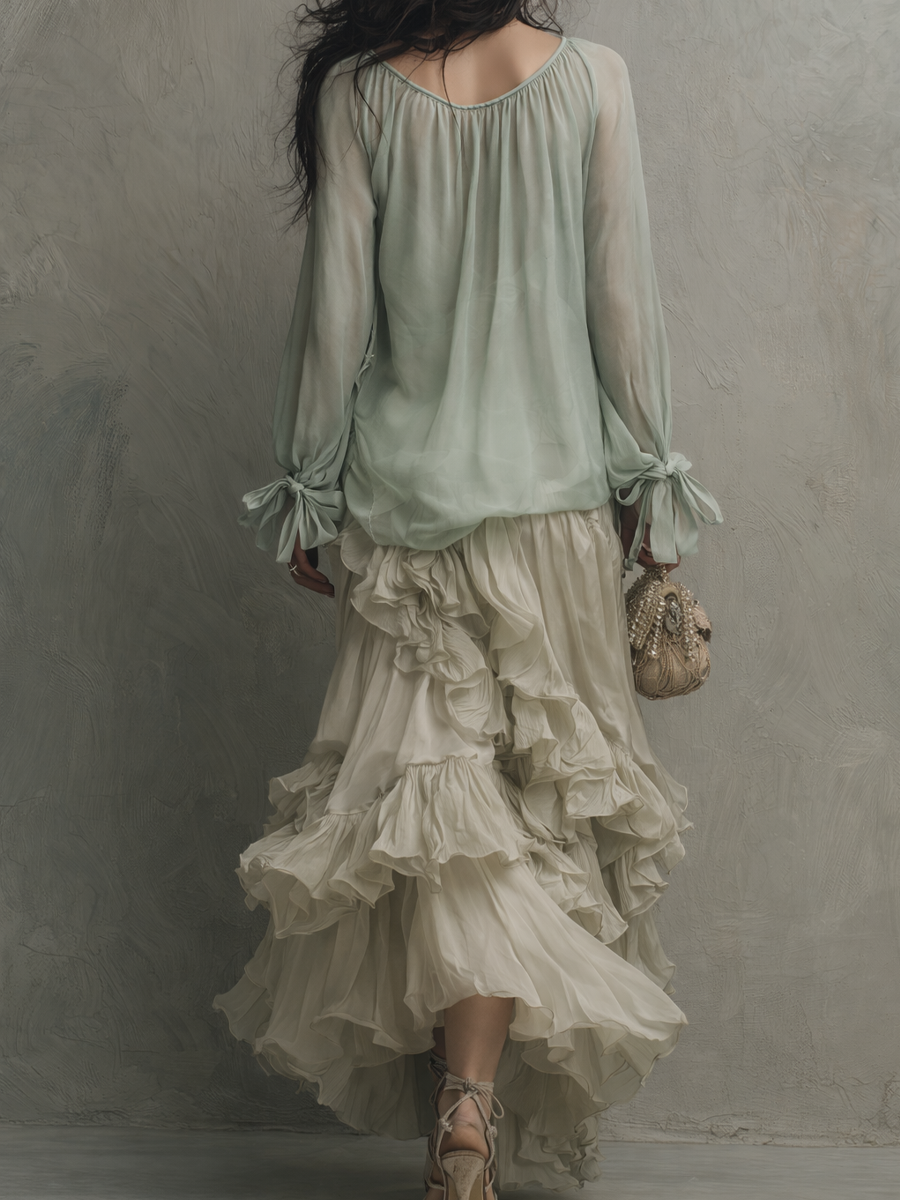 Bohemian Mint Chiffon Ruffle Blouse With Layered Skirt
