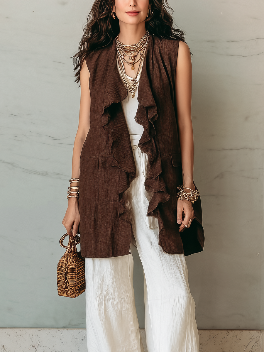 Chelsea Monroe ™ | Bohemian Style Brown Sleeveless Vest With Ruffled Details White Linen Wide Leg Pants Set