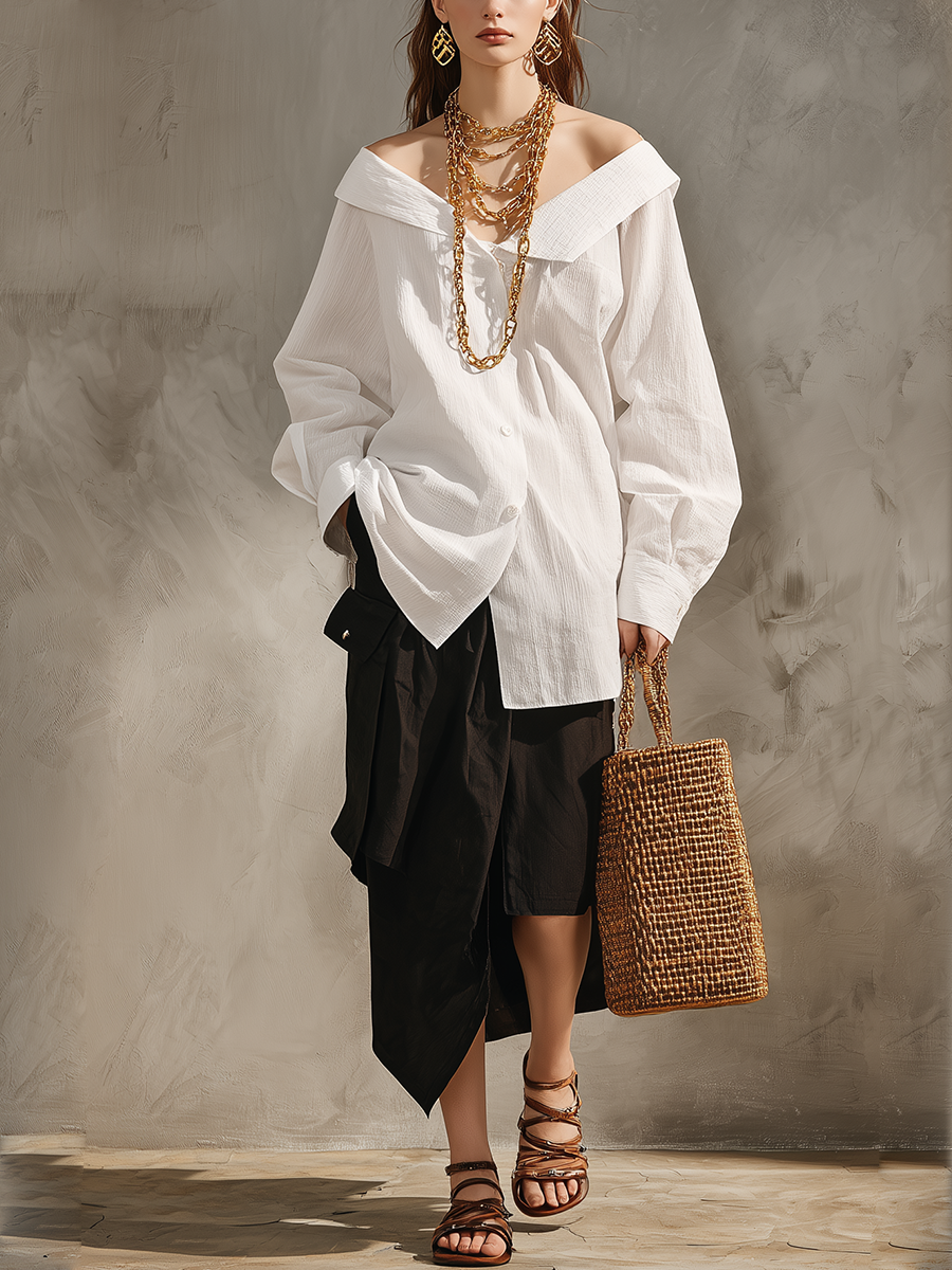 Chelsea Monroe ™ | Effortless Minimalist White Shirt Black Midi Skirt