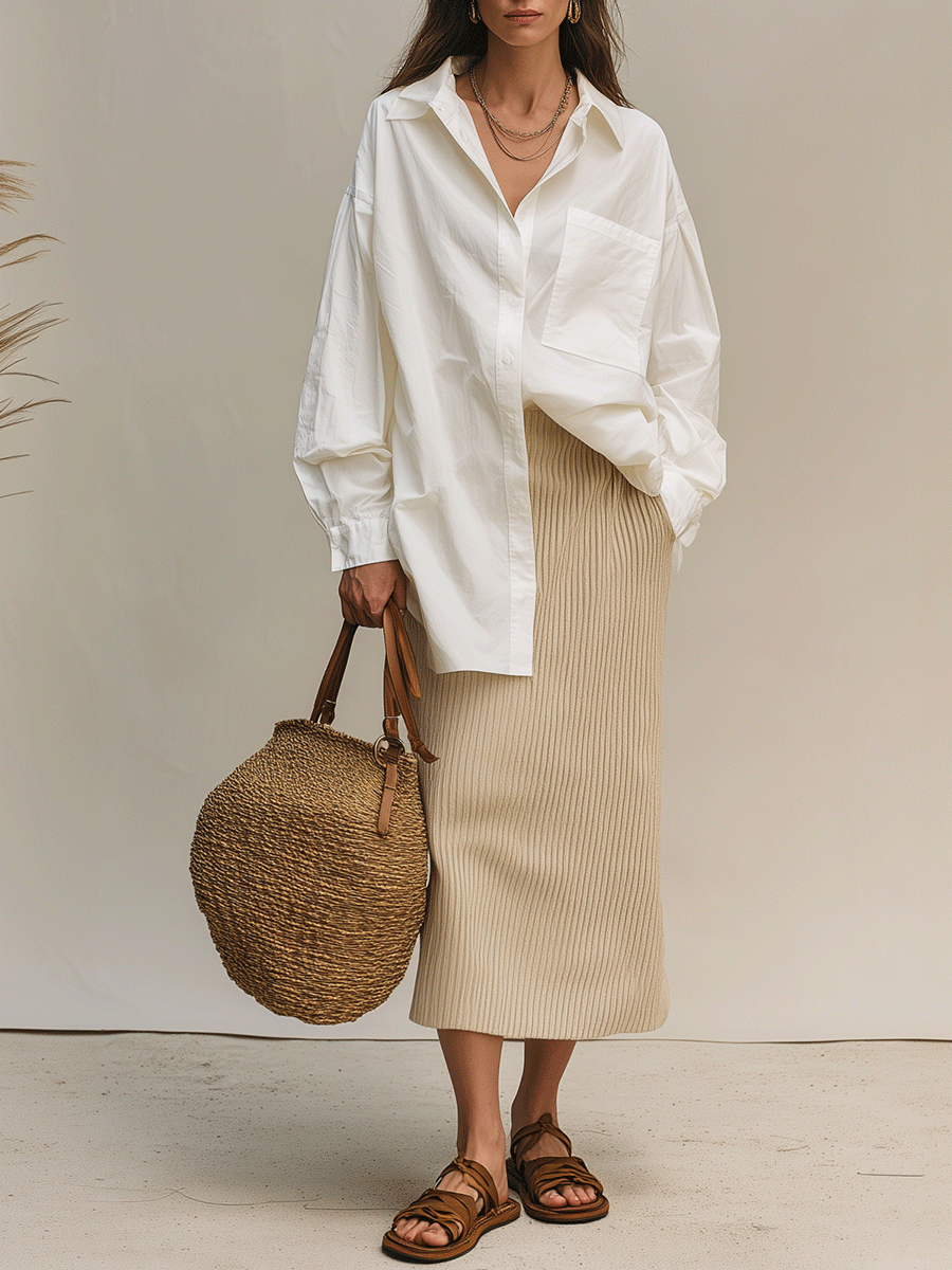 Chelsea Monroe ™ | Bohemian White shirt & doft ribbed midi skirt set