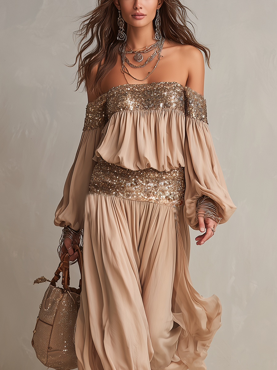 Bohemian Sequined Strapless Top And Wide Leg Pants Set