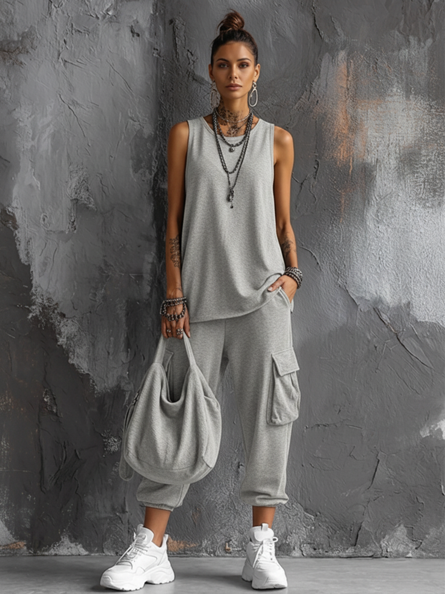 Women's Casual Style Dark Gray Cotton Blend Sleeveless Top + Jogger Cargo Pants Set MDZ2365D7GMJ