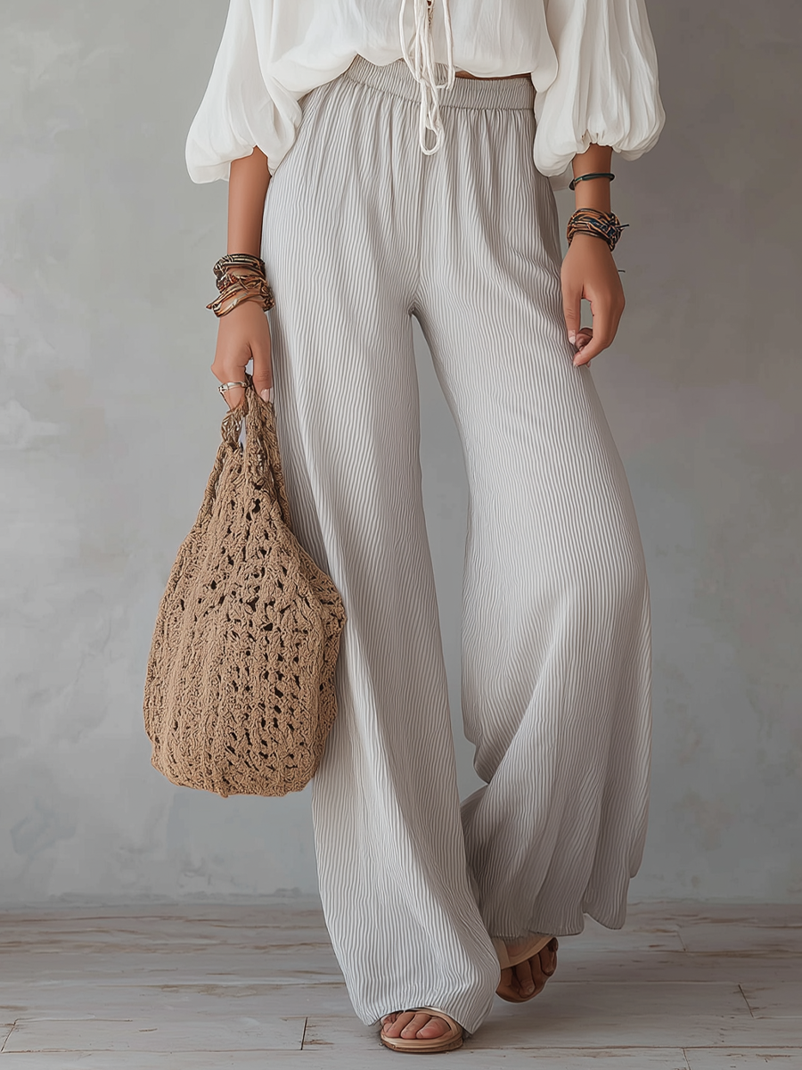 Soft White Lace-Up Blouse And Pants Set