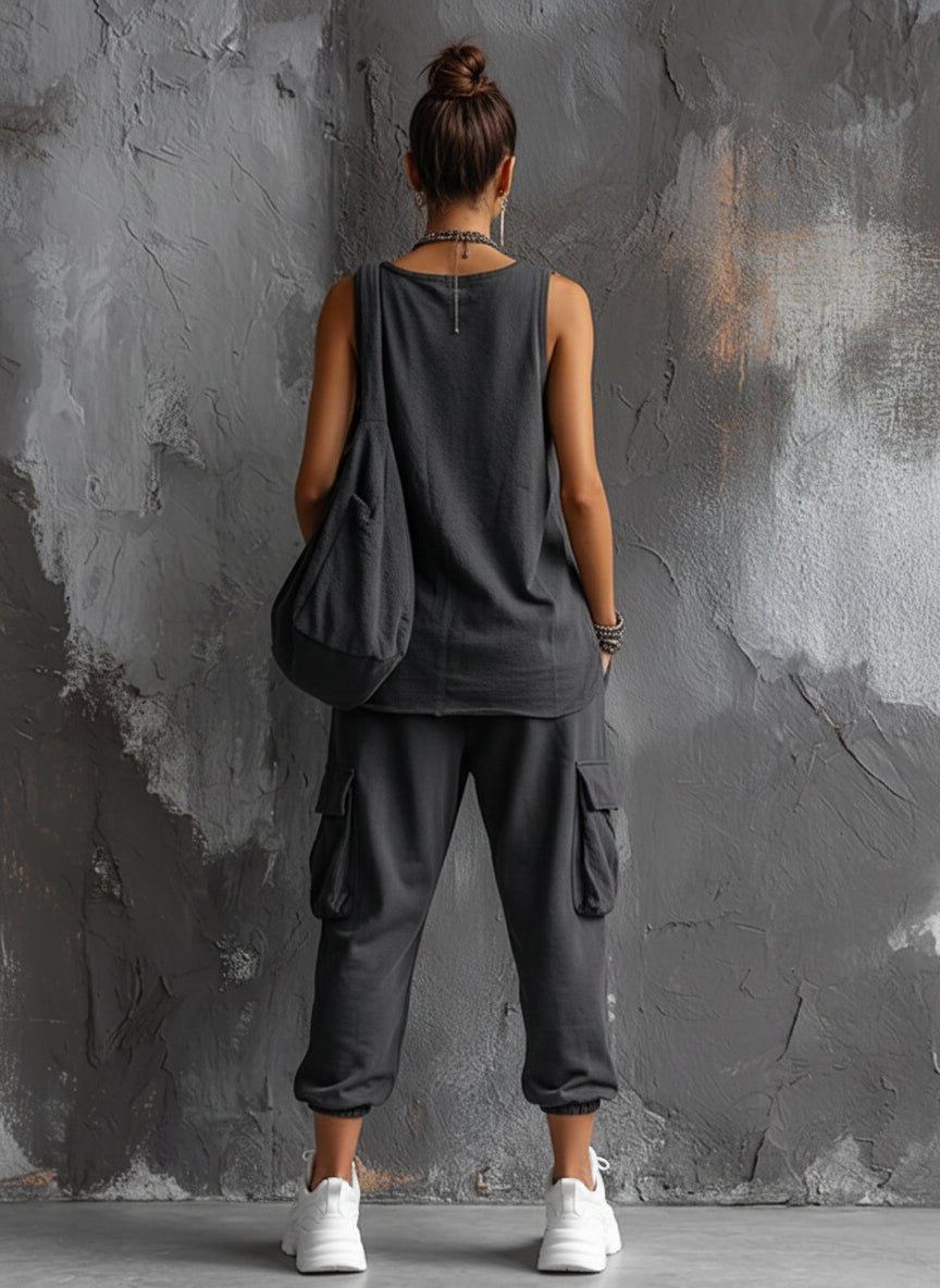 Women's Casual Style Dark Gray Cotton Blend Sleeveless Top + Jogger Cargo Pants Set MDZ2365D7GMJ