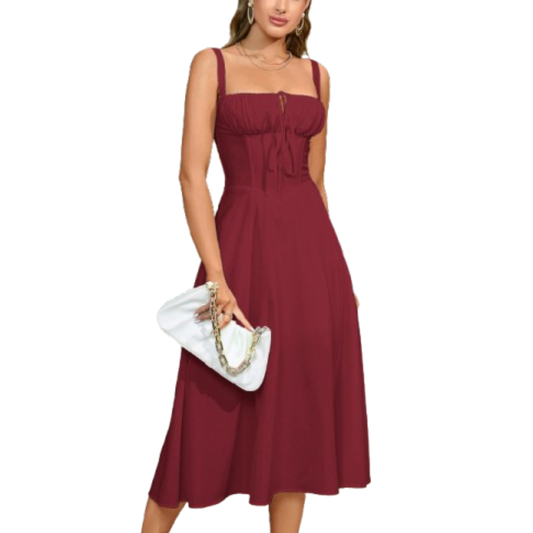 Ariellou | Lace-Up Square Neck Midi Dress