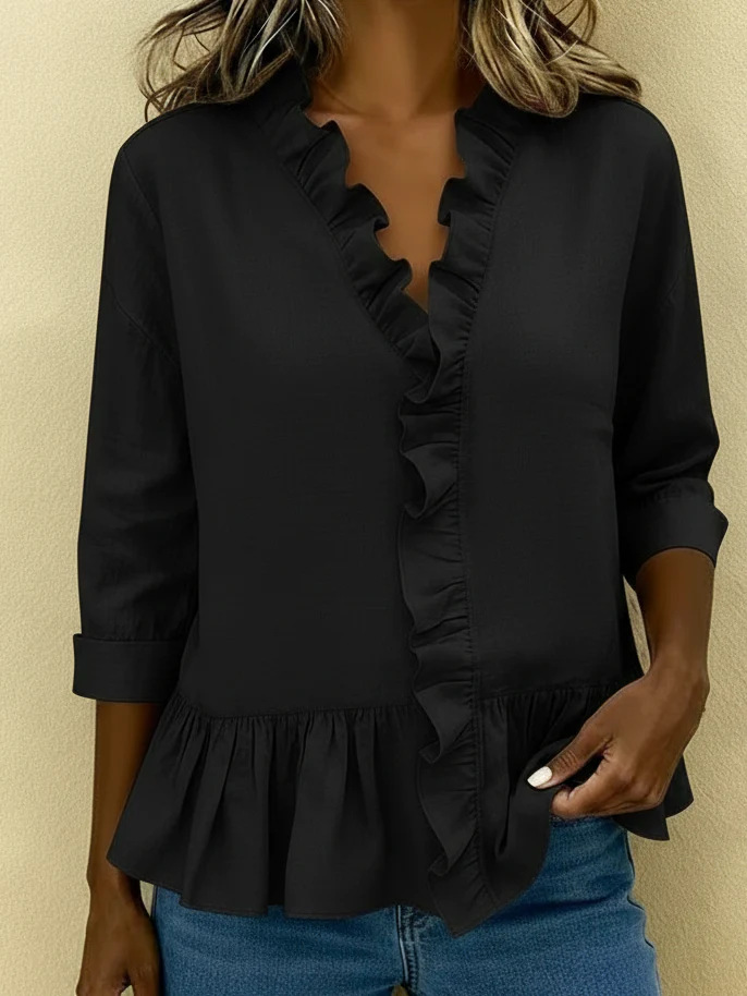 Ruffled Blouse V Neck Lace