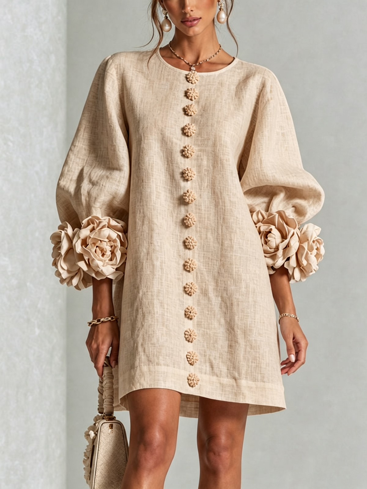 Silvia | Mini Button Dress with Floral Cuffs