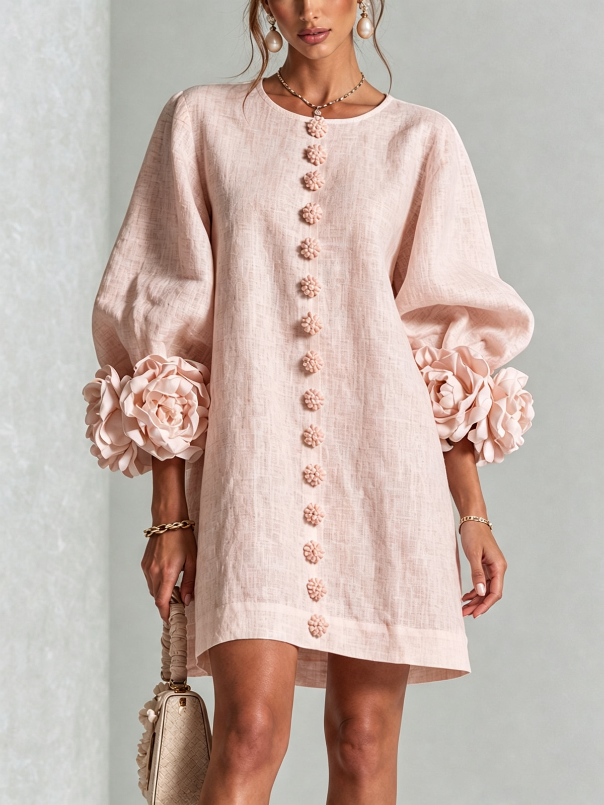 Silvia | Mini Button Dress with Floral Cuffs