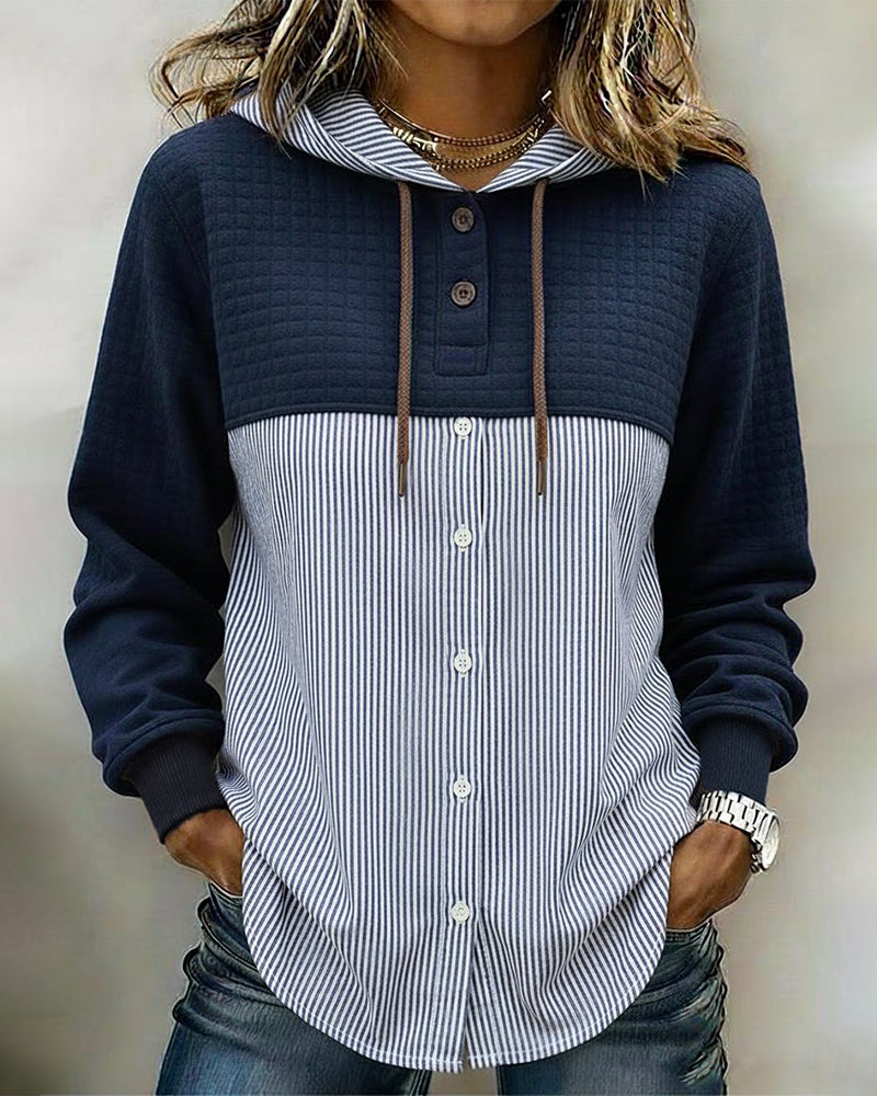 Button Up Hooded Shirt Vertical Stripe Patchwork