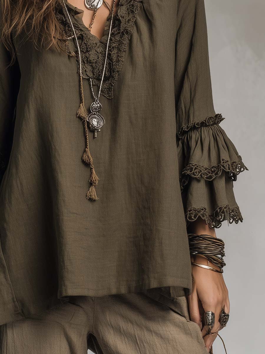 Ruffled Lace Cotton Linen Long-sleeved Blouse