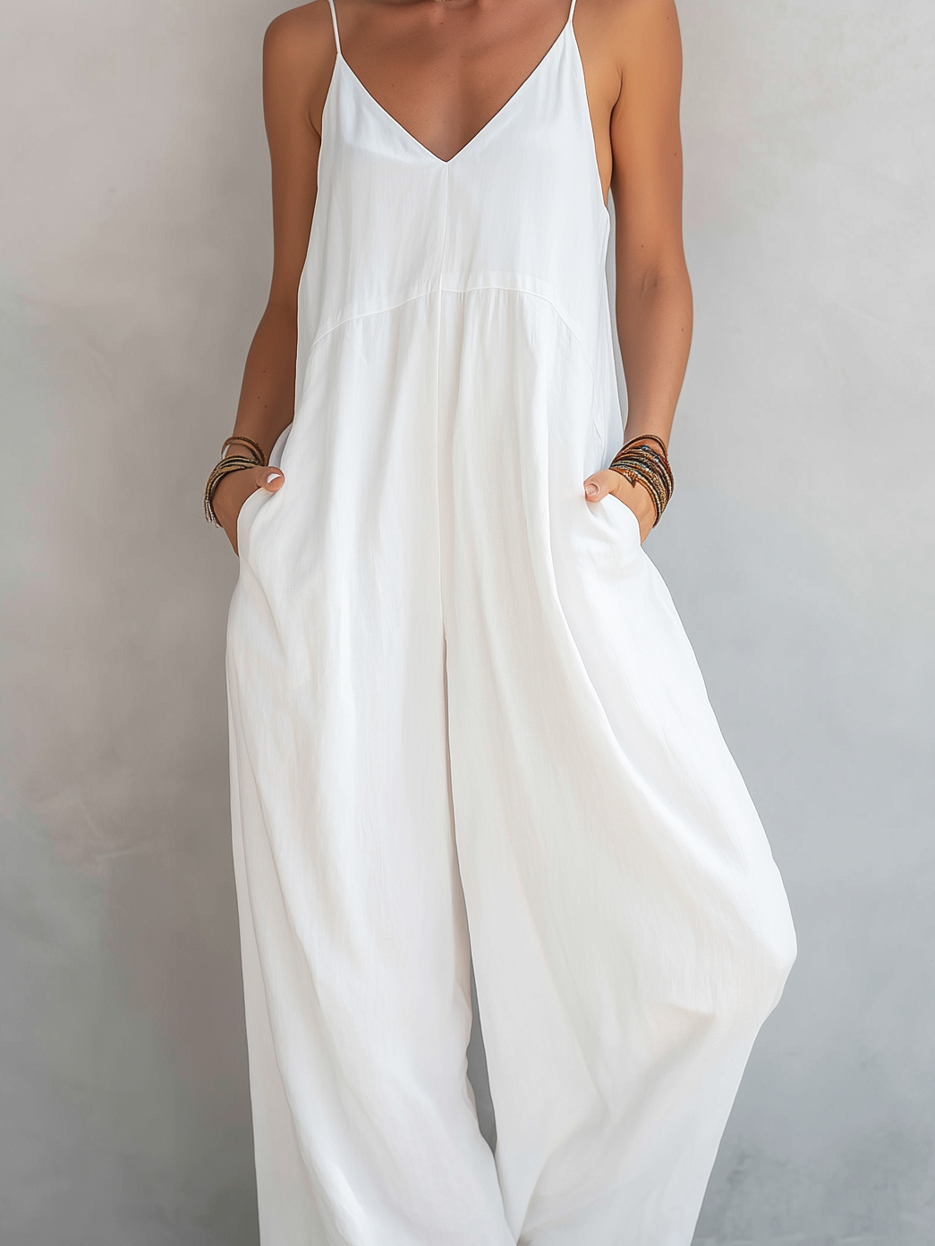 Women's Casual White Cotton-linen Blend Sleeveless Loose Jumpsuit MDZ0246C9AN